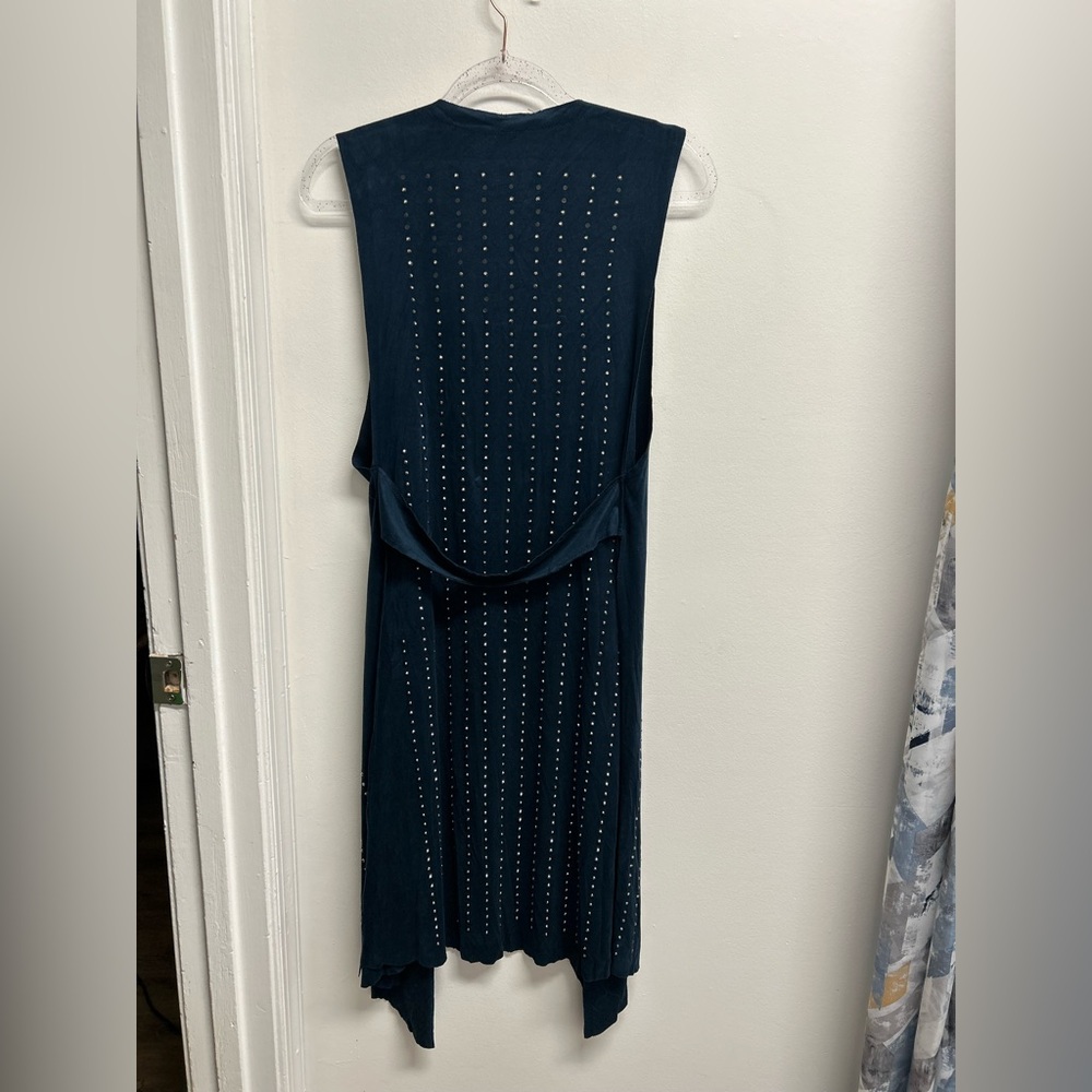 Vocal Navy Faux Suede Sleeveless Duster Vest with Rhinestone Studs - Picture 2 of 9